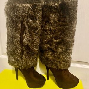 Faux Fur Knee-High Boots - Brown